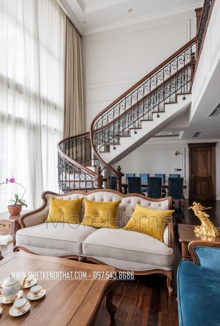 Thi công nội thất phòng khách gỗ óc chó căn hộ Duplex Mandarin Cầu Giấy